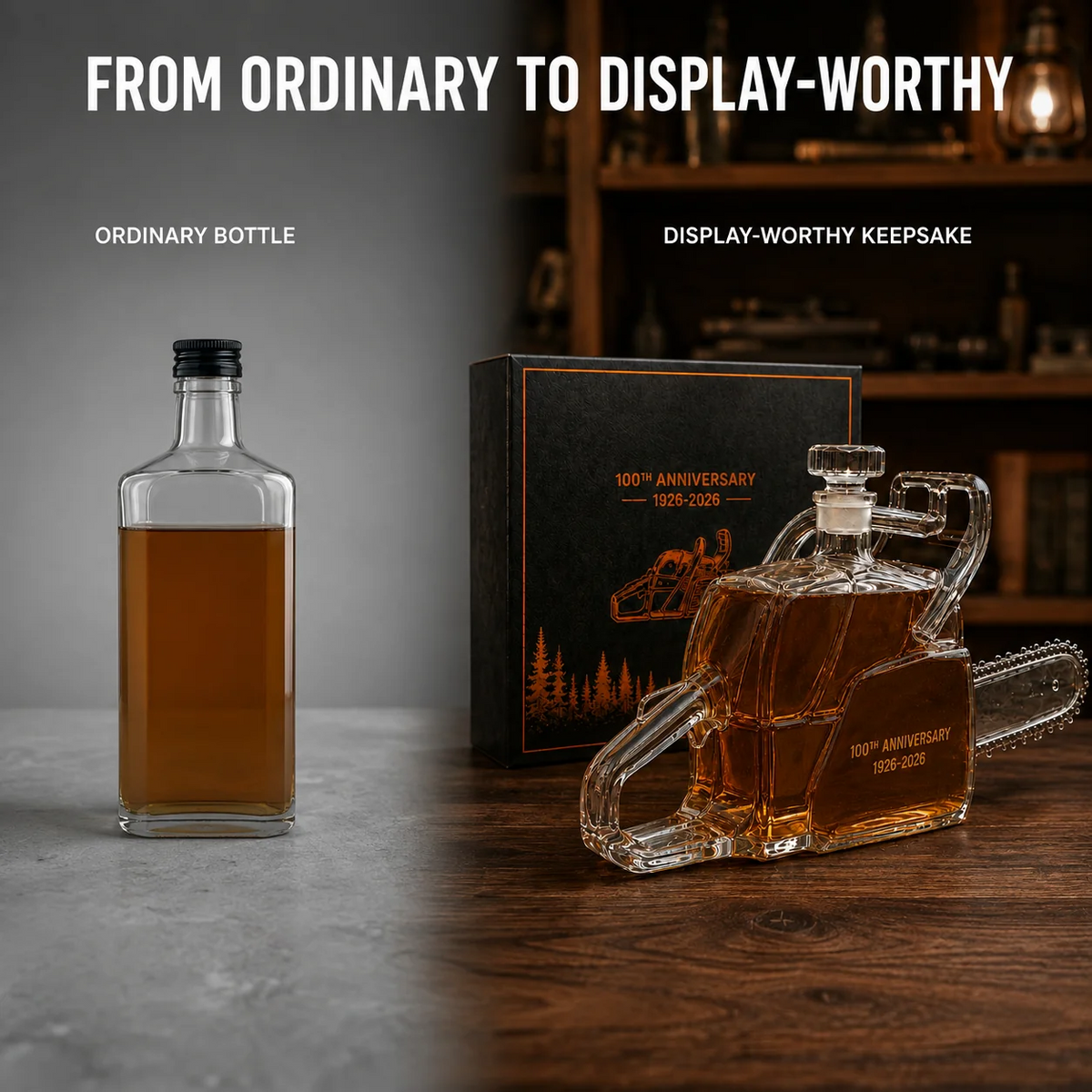 🪚 100th Anniversary Chainsaw Whiskey Decanter – 1926–2026 Commemorative Collectible Bottle