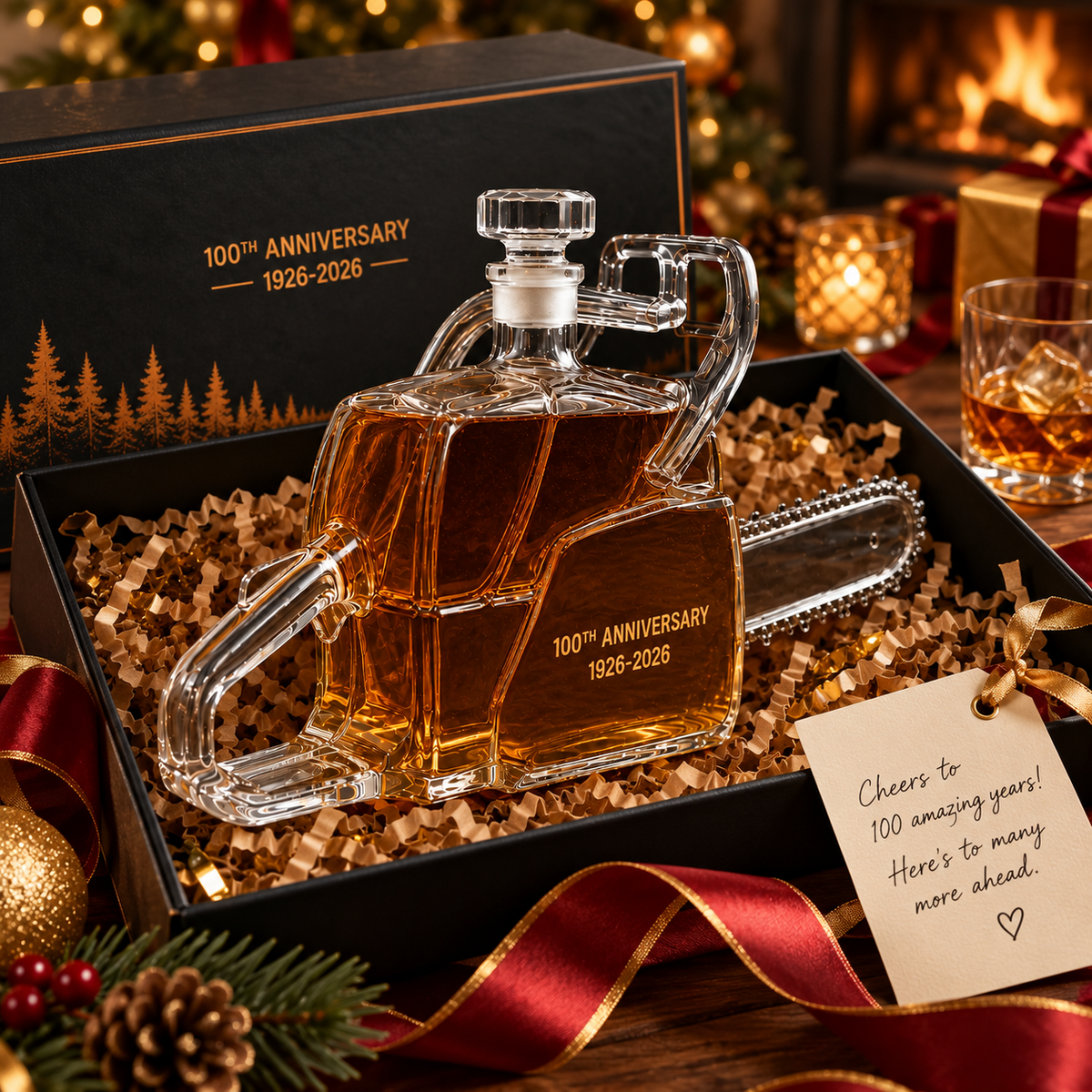 🪚 100th Anniversary Chainsaw Whiskey Decanter – 1926–2026 Commemorative Collectible Bottle