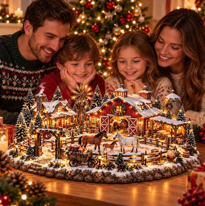 🐴🎄Lighted Christmas Farm Village – Horse Stable & Highland Cow Holiday Scene