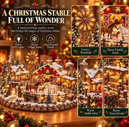 🐴🎄Lighted Christmas Farm Village – Horse Stable & Highland Cow Holiday Scene