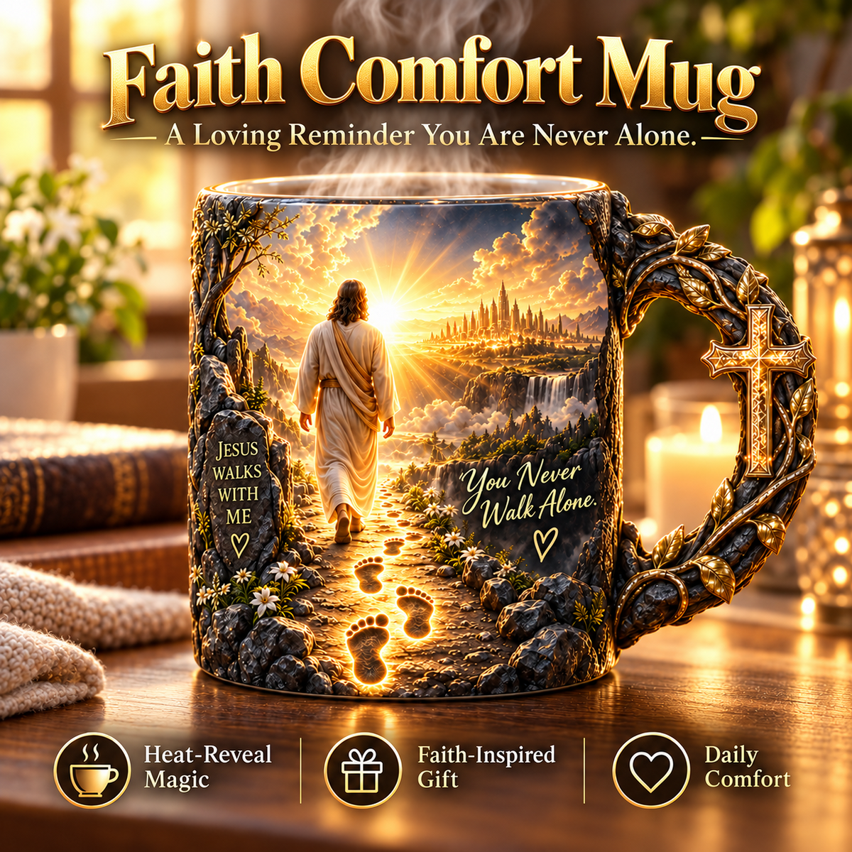 🔥Last Day 49% OFF🔥✝️ 🎁 Jesus Walks With Me Mug – Heat-Reveal Christian Gift of Faith