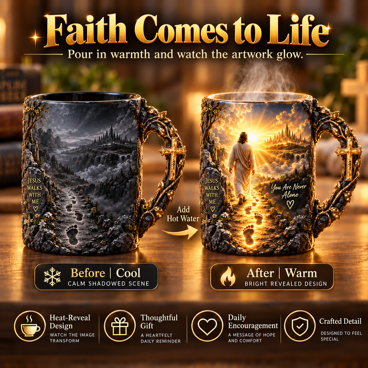 🔥Last Day 49% OFF🔥✝️ 🎁 Jesus Walks With Me Mug – Heat-Reveal Christian Gift of Faith
