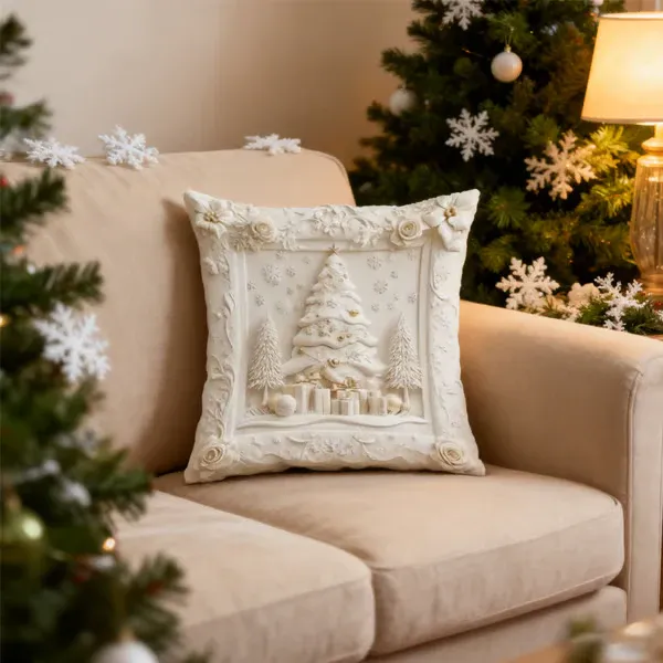 Elegant cream Christmas tree decorative pillow cover displayed on sofa