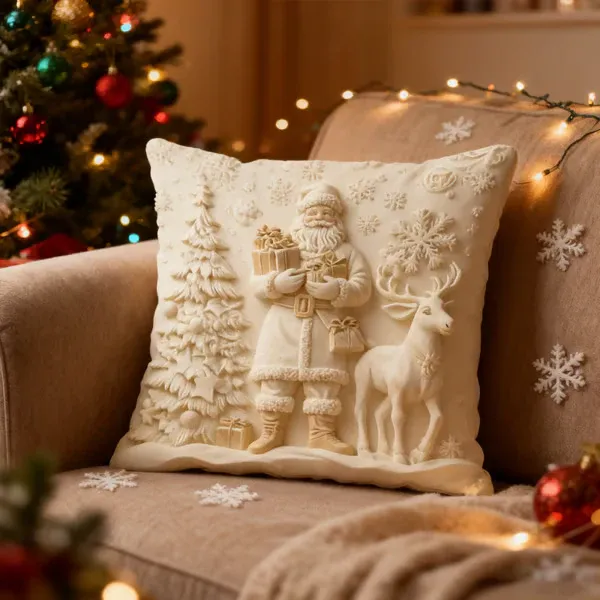 Santa Claus decorative pillow cover with reindeer and festive Christmas details