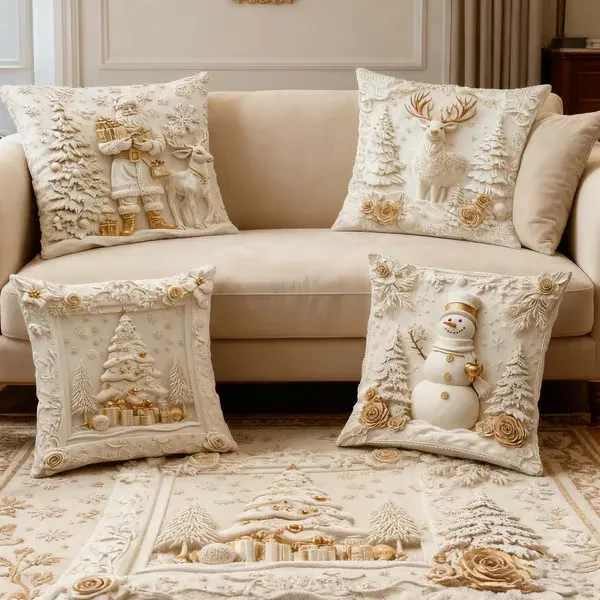 Coordinated festive pillow covers arranged around a neutral sofa