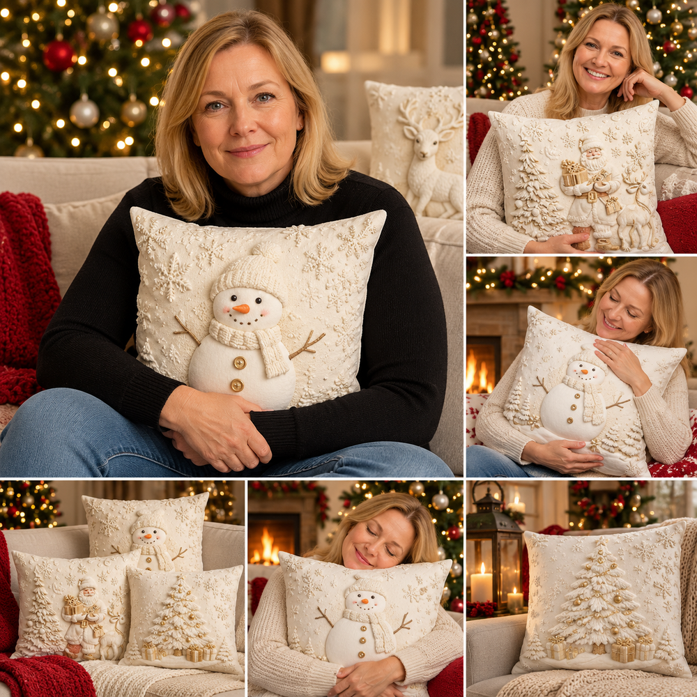 Christmas pillow cover collection photographed in multiple festive home settings