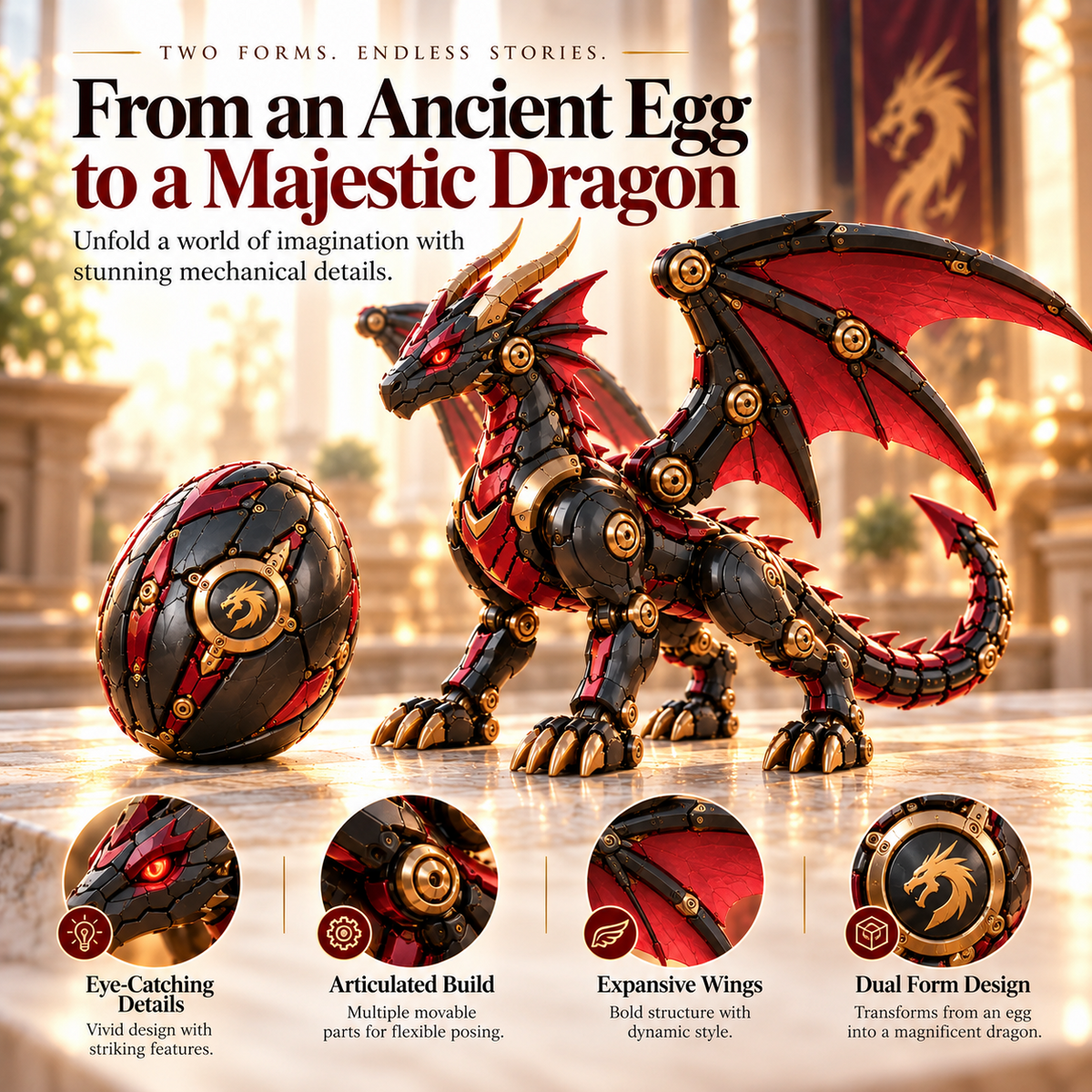 🔥New Product Launch Special Price-🐉 Mechanical Dragon Egg – Black & Crimson Fantasy Dragon with Armored Wings