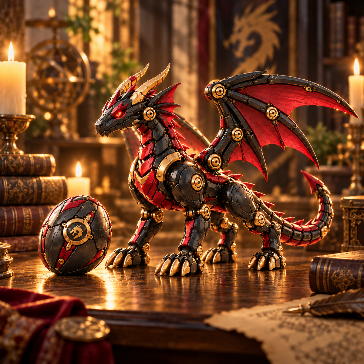 🔥New Product Launch Special Price-🐉 Mechanical Dragon Egg – Black & Crimson Fantasy Dragon with Armored Wings