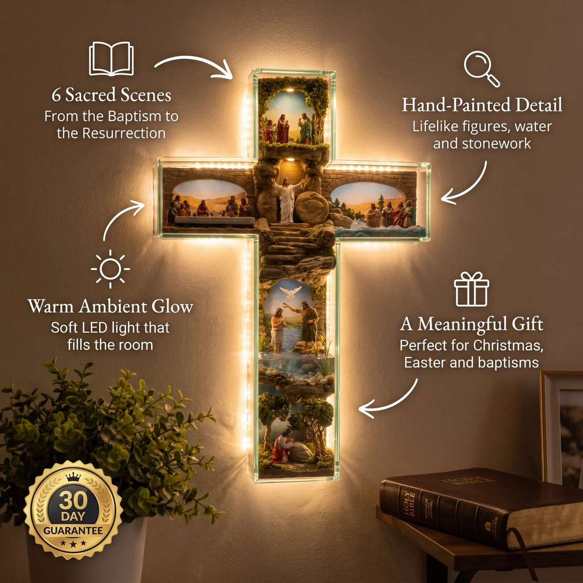 ✝️ Glowing Bible Cross Lamp – Illuminated Story of Jesus in 6 Scenes | Christian Home Decor