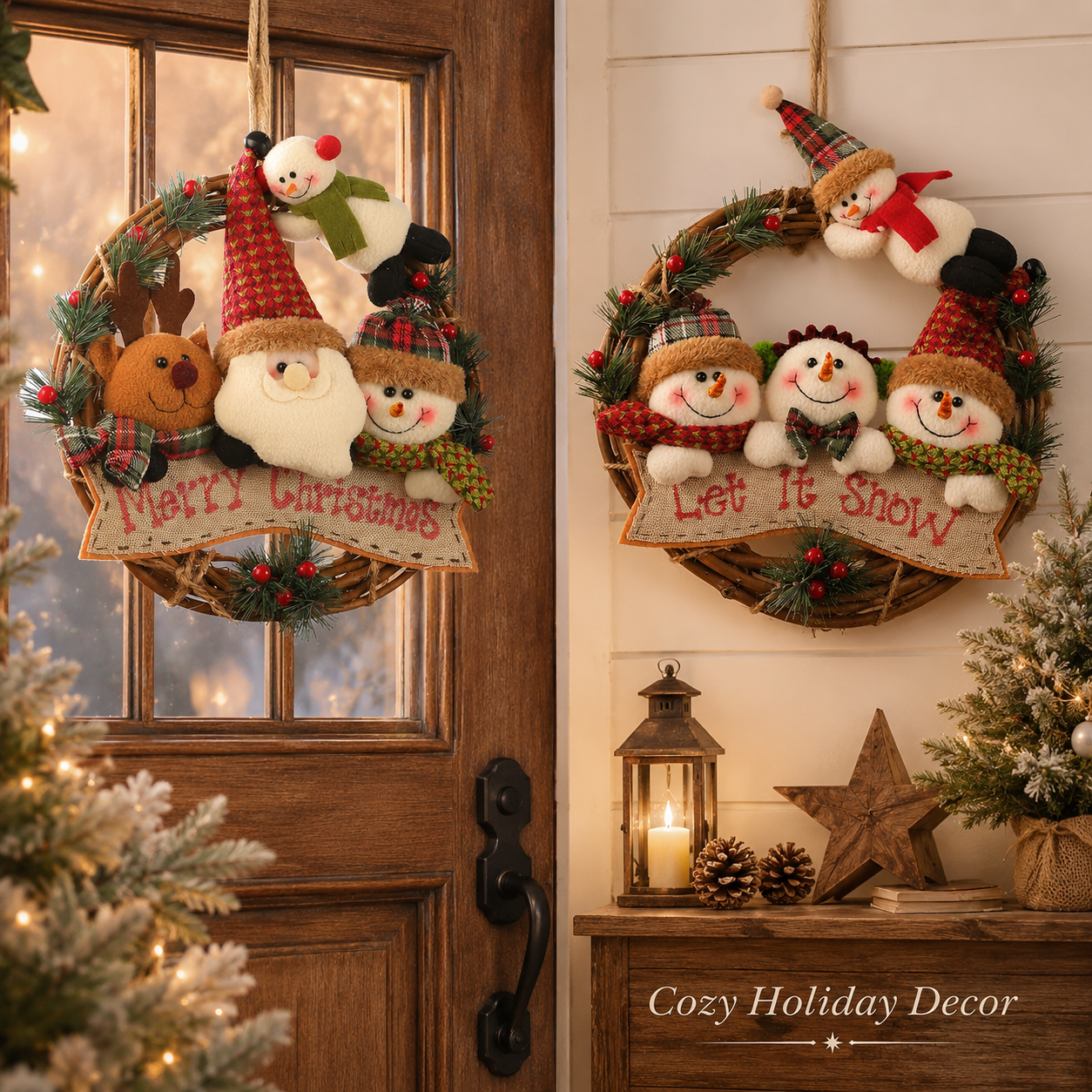 🎄 Plush Christmas Wreath – Santa, Reindeer & Snowman Door Hanging Decor