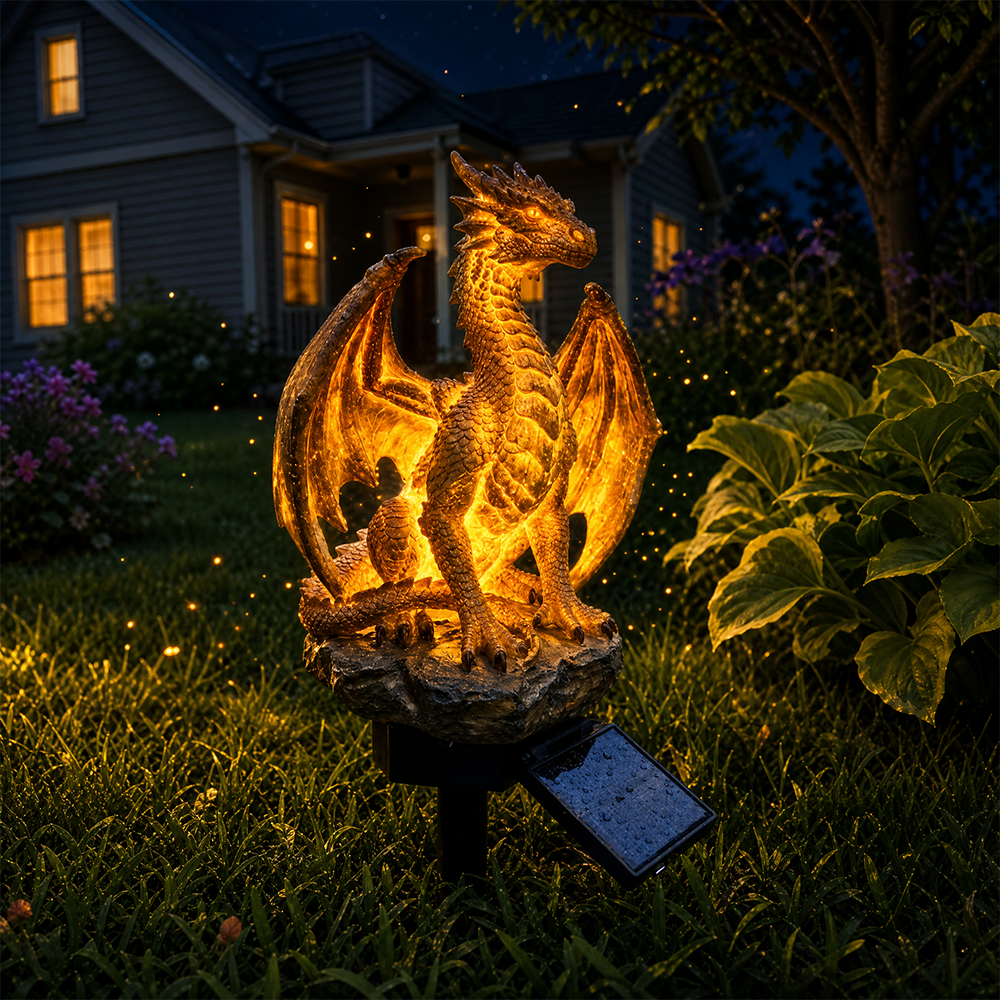 🐉Gothic Dragon Golden Fire Solar Landscape Light✨