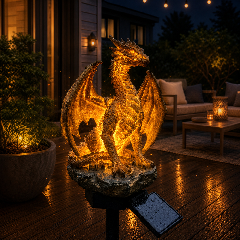 🐉Gothic Dragon Golden Fire Solar Landscape Light✨