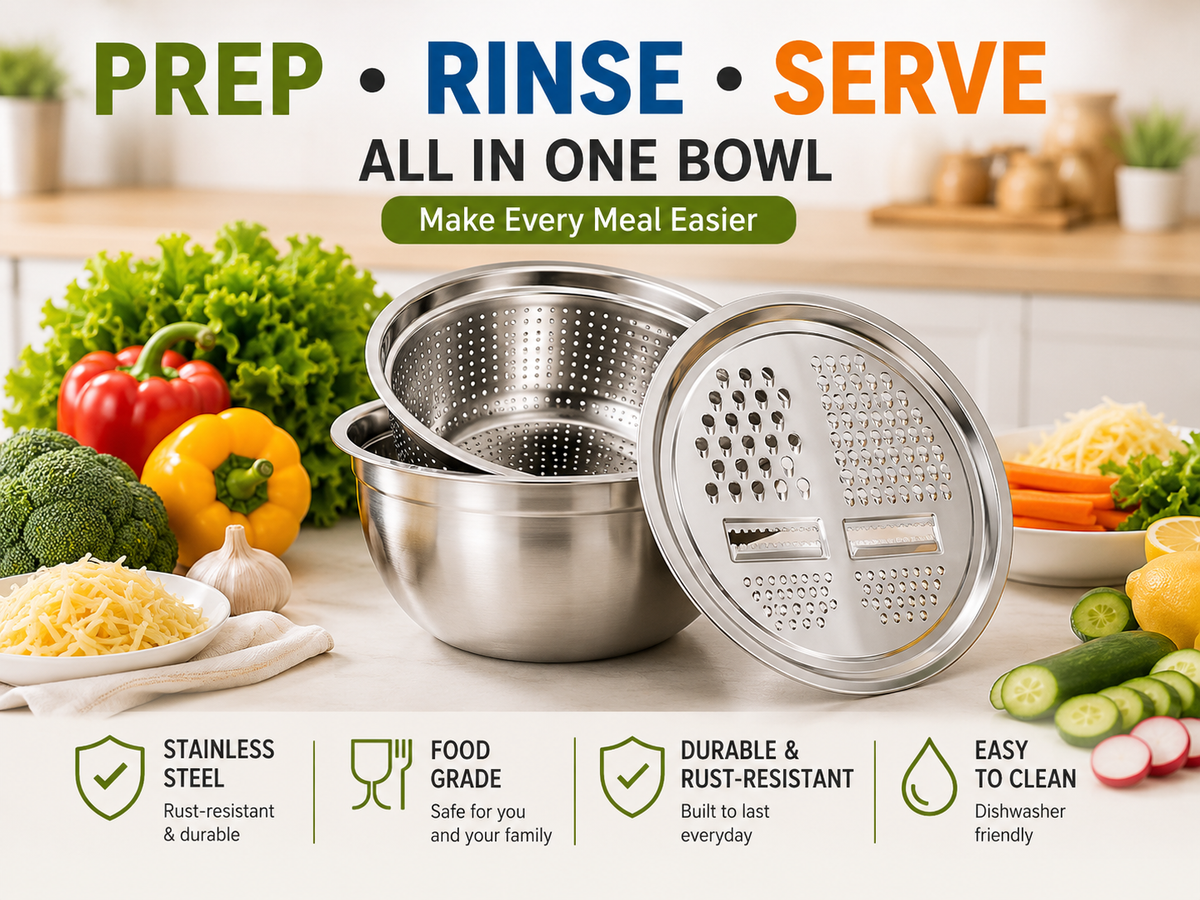 🎁Hot Sale! 3-in-1 Stainless Steel Grater Bowl with Colander | 50% Off