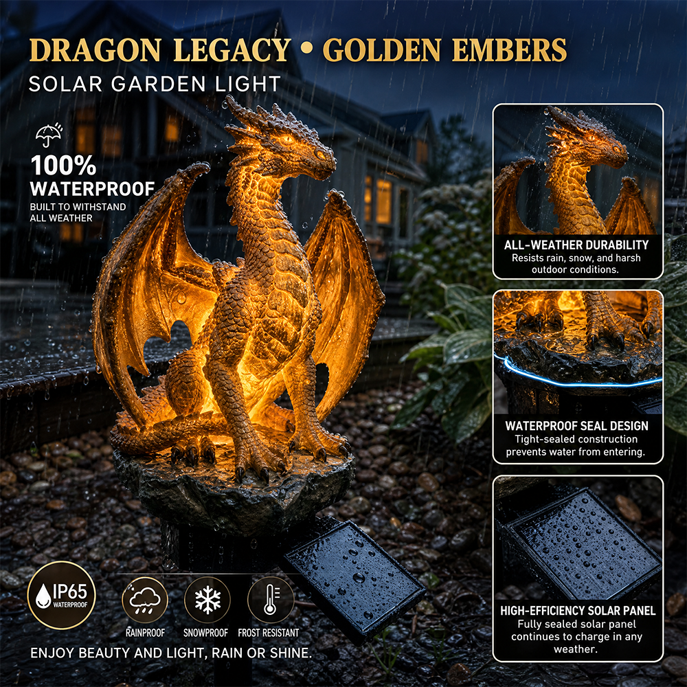 🐉Gothic Dragon Golden Fire Solar Landscape Light✨