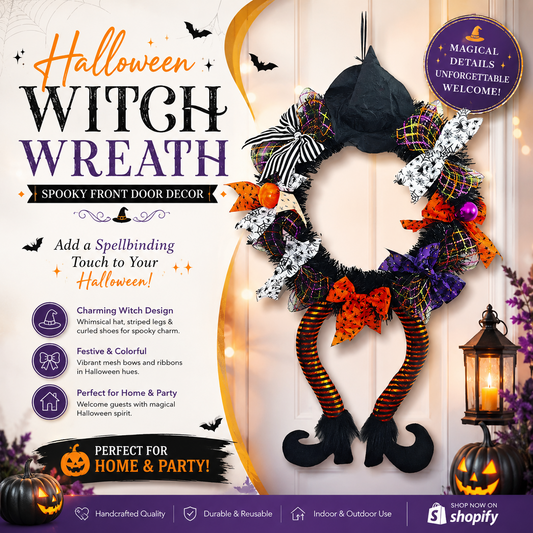 🔥Last Day 49% OFF🎃 25 Inch Halloween Witch Wreath With Witch Hat & Legs Orange Black Mesh Bow Front Door Home Party Decor