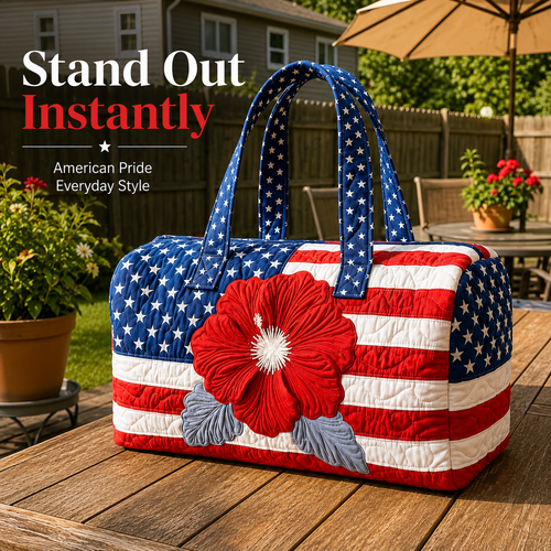 🇺🇸🧵 Handcrafted Patriotic Quilted Tote Bag – 3D Floral American Flag Travel Duffel