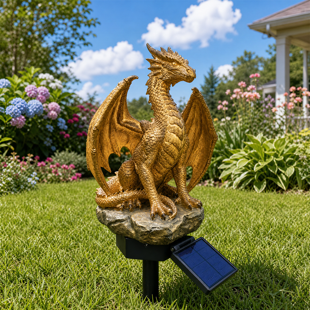 🐉Gothic Dragon Golden Fire Solar Landscape Light✨