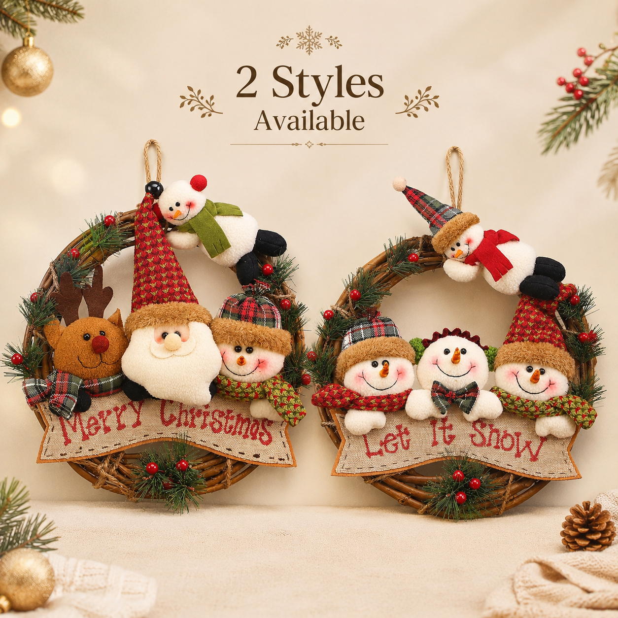 🎄 Plush Christmas Wreath – Santa, Reindeer & Snowman Door Hanging Decor