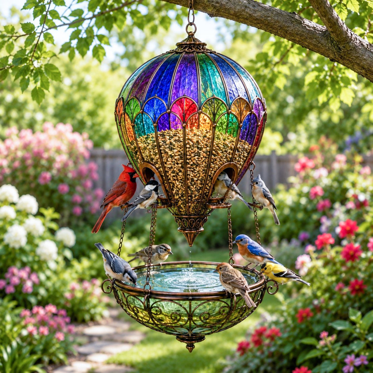 Hot air balloon bird feeder hanging among garden flowers
