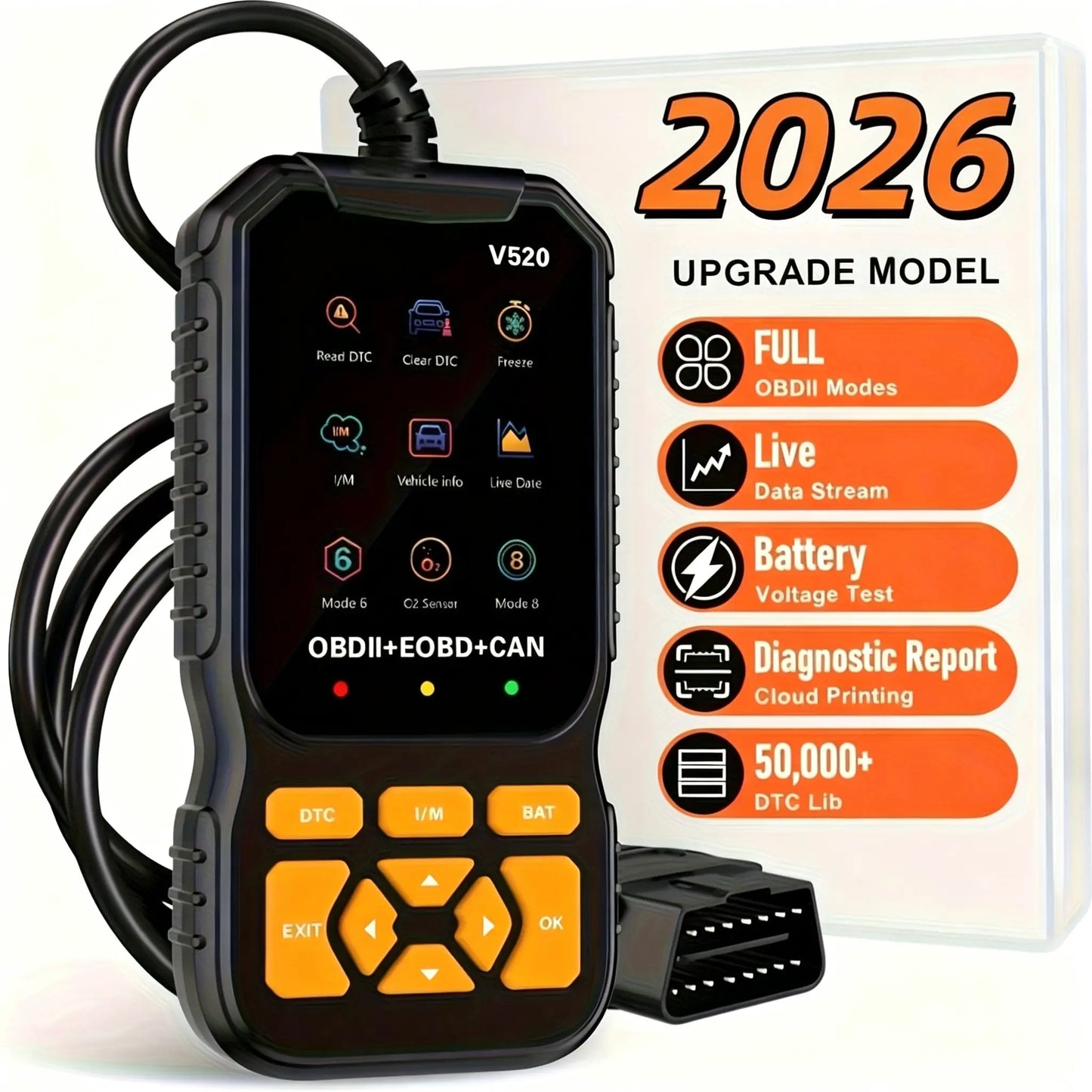 V520 OBD2 Scanner Car Diagnostic Tool, Code Reader with Live Data Stream, Battery Voltage Test & I/M Readiness for All OBDII Vehicles