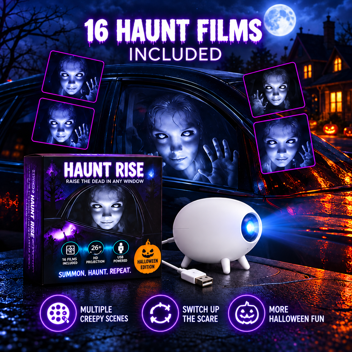 🎃  Halloween Window Projector –👻 16 Animated Spooky Films & 360° Adjustable Design