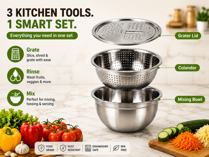 🎁Hot Sale! 3-in-1 Stainless Steel Grater Bowl with Colander | 50% Off