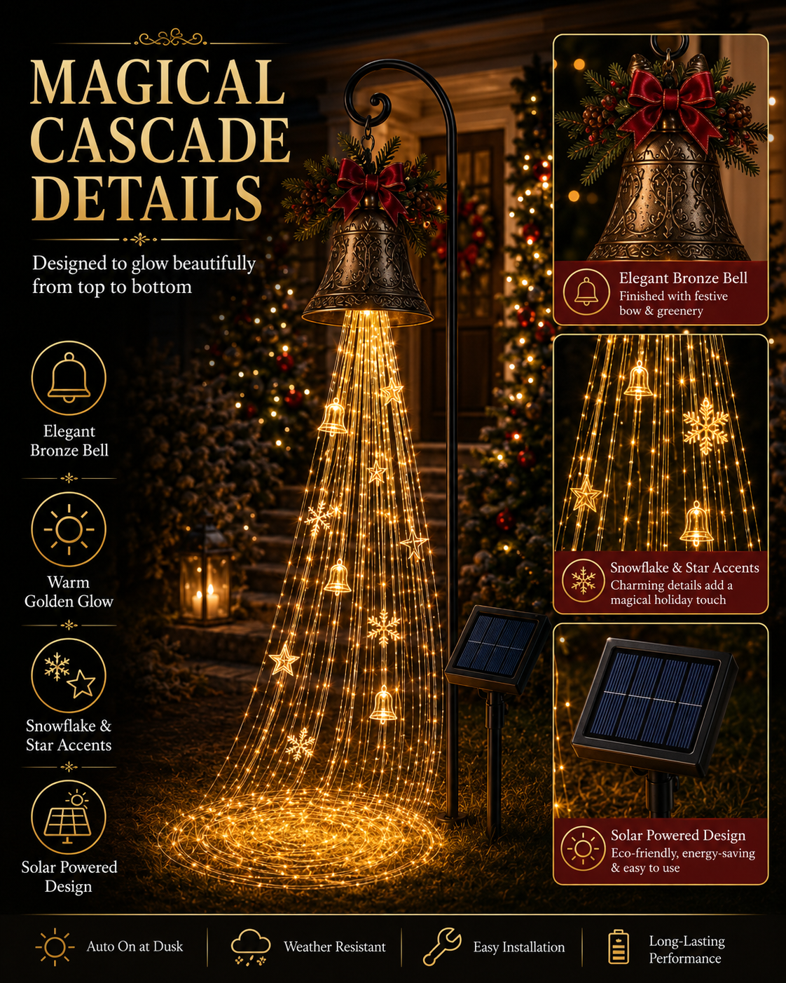 🔔Perfect Christmas Moment🎄 Christmas Bell Cascade Solar Yard Light✨