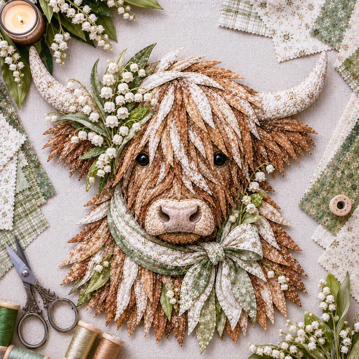 🔥Hot Sale🐮💐🌸 Birth Flower Highland Cow 3D Layered Fabric Art DIY Kit (Beginner-friendly)