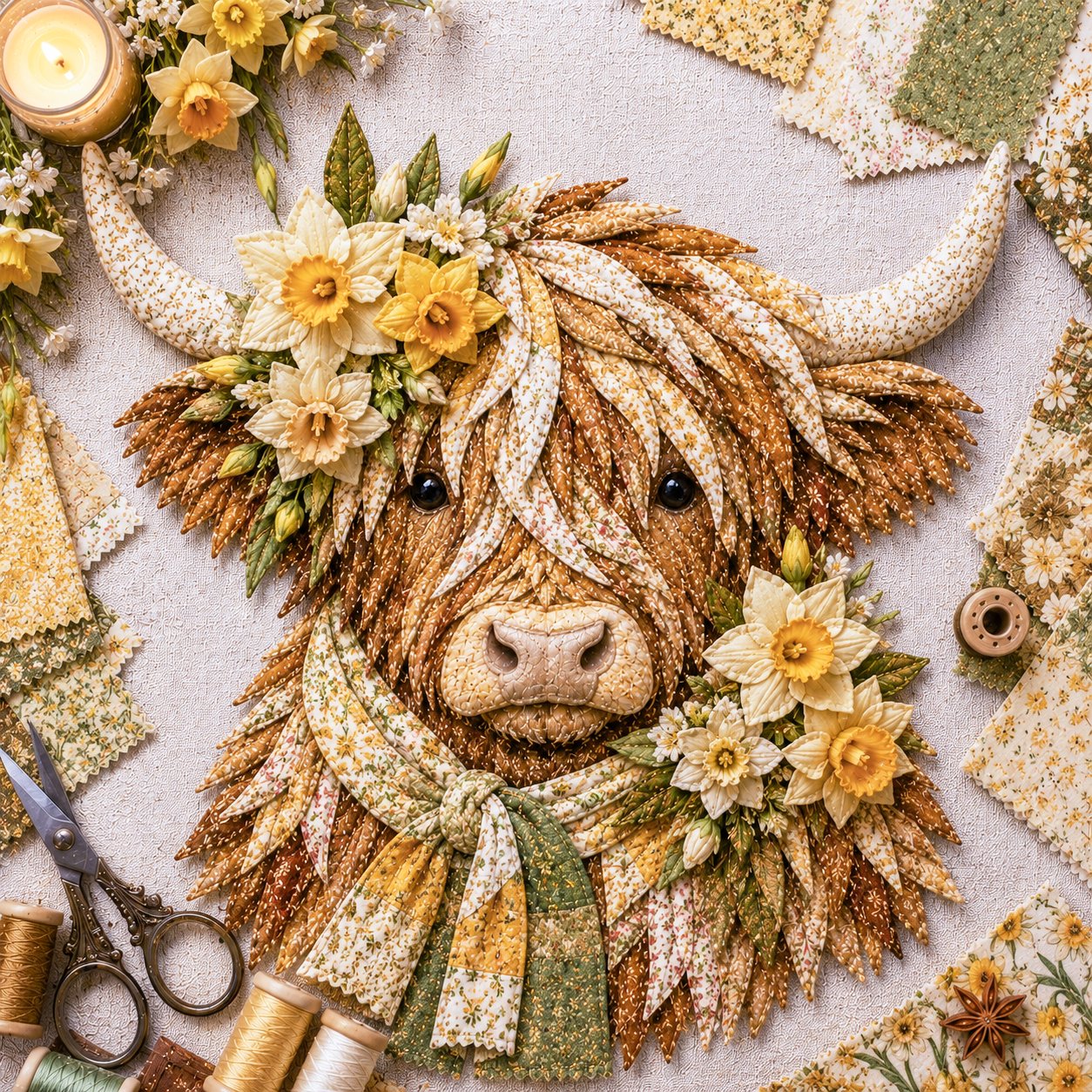 🔥Hot Sale🐮💐🌸 Birth Flower Highland Cow 3D Layered Fabric Art DIY Kit (Beginner-friendly)