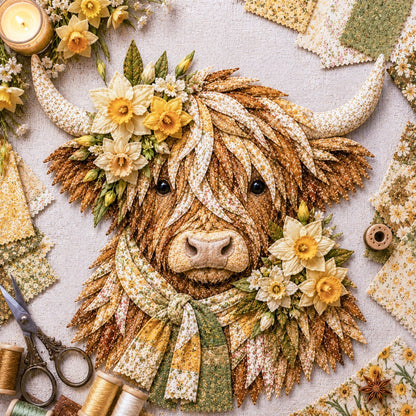 🔥Hot Sale🐮💐🌸 Birth Flower Highland Cow 3D Layered Fabric Art DIY Kit (Beginner-friendly)