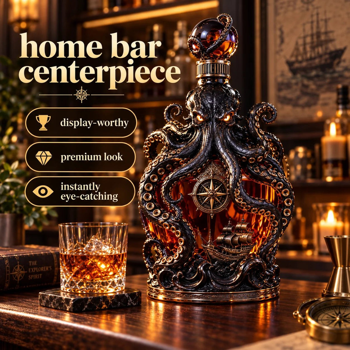 🐙 Kraken-Inspired Whiskey Decanter – Sculpted Nautical Display Bottle