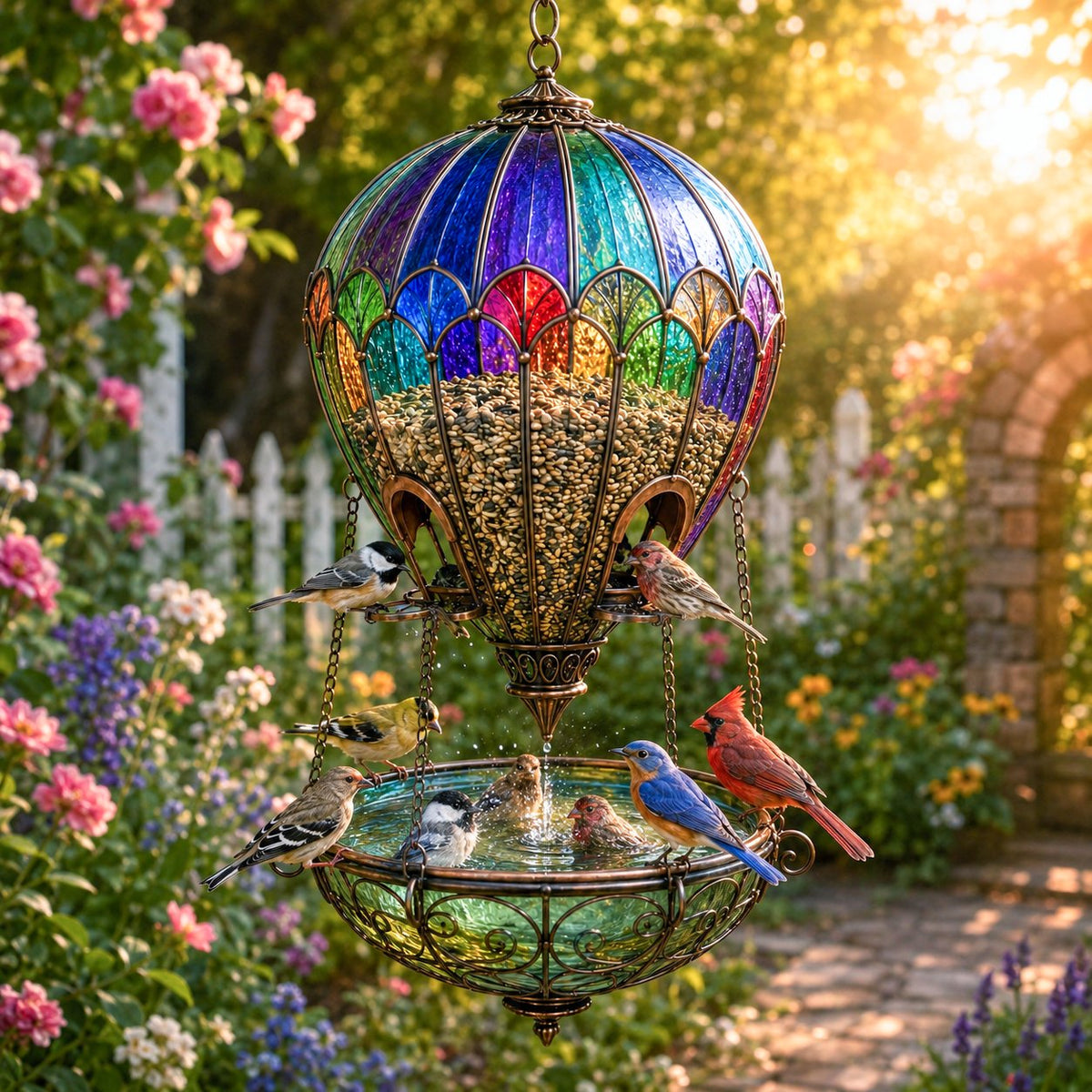 Colorful bird feeder fountain design among flowers