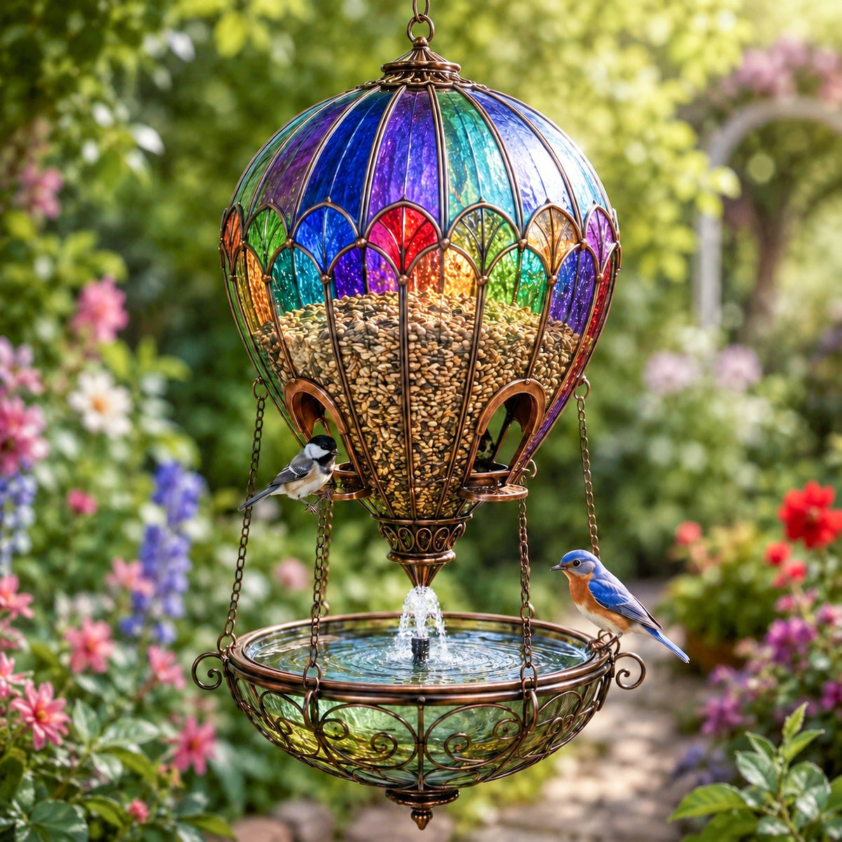 Colorful hot air balloon hanging bird feeder in garden