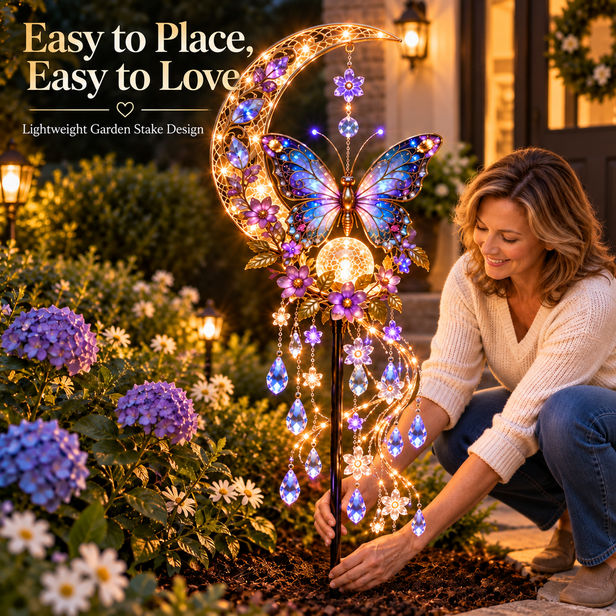🦋 Glowing Butterfly Crescent Moon Solar Garden Light