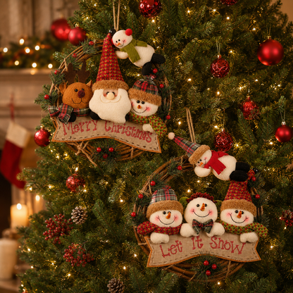 🎄 Plush Christmas Wreath – Santa, Reindeer & Snowman Door Hanging Decor