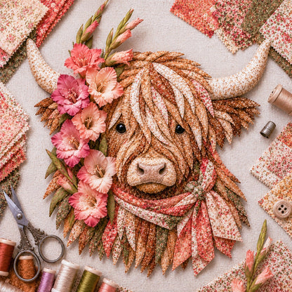 🔥Hot Sale🐮💐🌸 Birth Flower Highland Cow 3D Layered Fabric Art DIY Kit (Beginner-friendly)