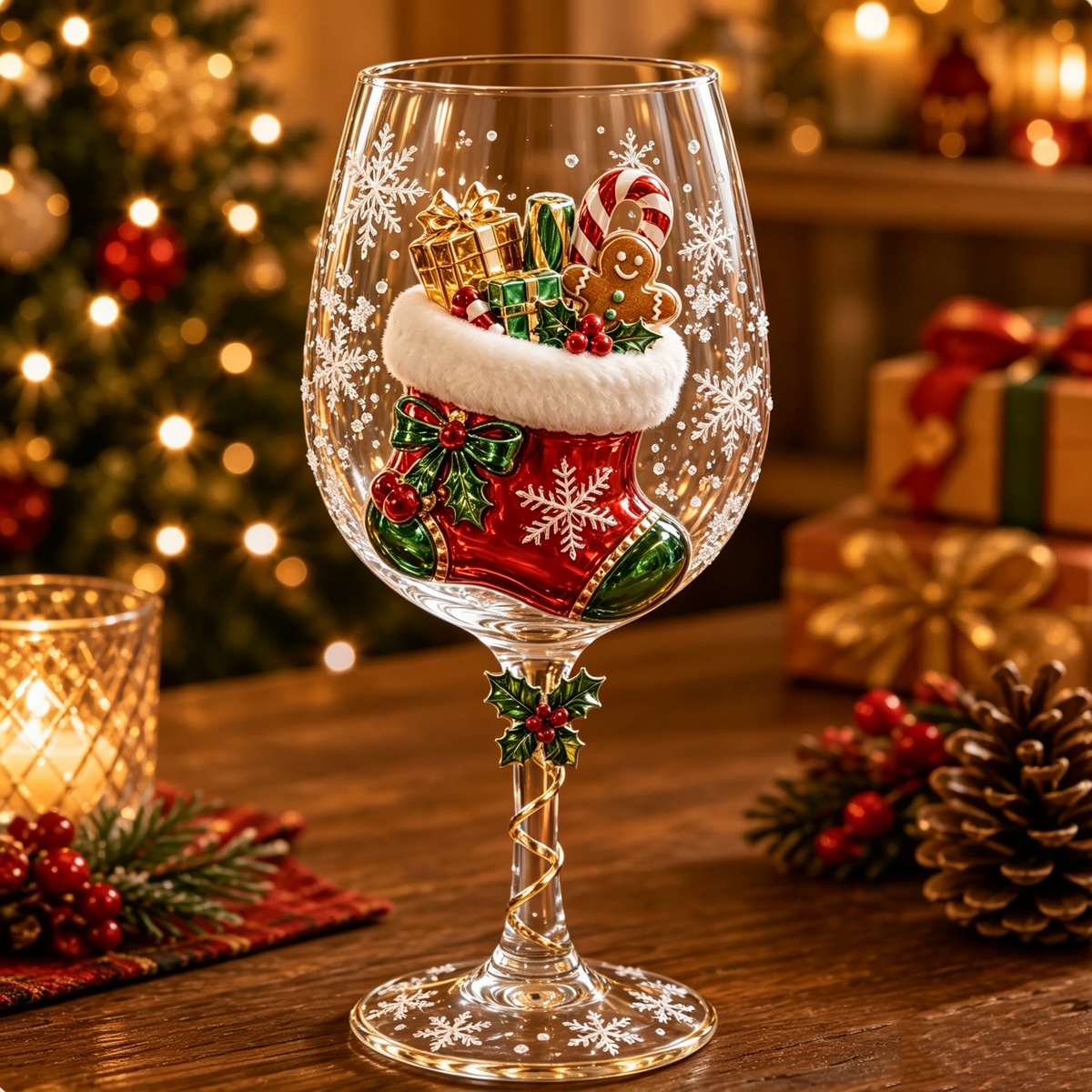 Holiday wreath decorative stemmed glass