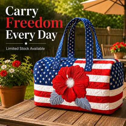 🇺🇸🧵 Handcrafted Patriotic Quilted Tote Bag – 3D Floral American Flag Travel Duffel