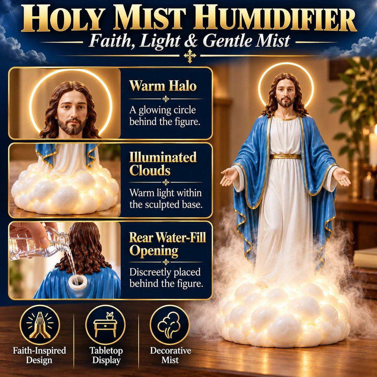 ✝️ Ahlwocore Illuminated Jesus Cloud Mist Humidifier – Warm Halo Light & Faith-Inspired Home Décor