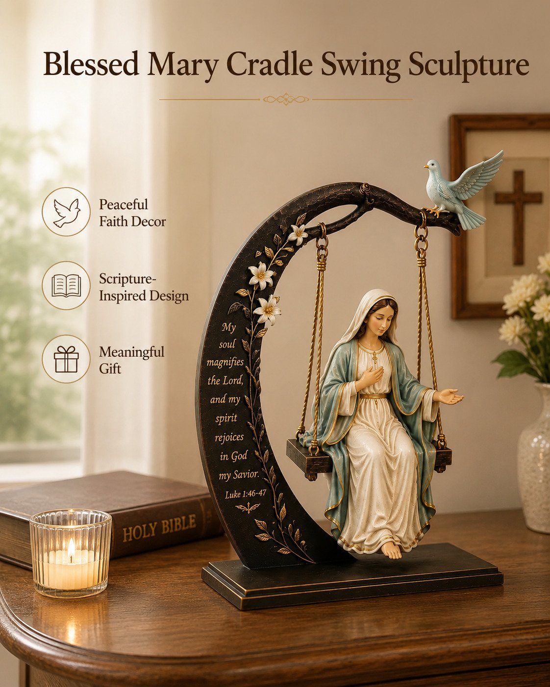 ✝️ Christian Faith Table Decor - Blessed Mary Cradle Swing Sculpture 🕊️