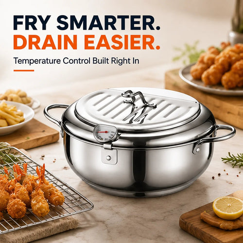 Last Day 60 % OFF🍟 Fry Crispy Food at Home – Stovetop Deep Fryer Pot with Thermometer & Drain Rack