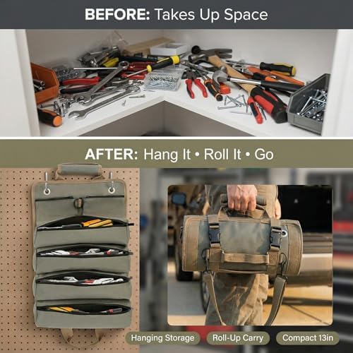 Heavy‑Duty Hanging Tool Bag, 6 Zipper Pockets, Hang‑Open Pegboard Wall Organizer, Hand Tool Storage Pouch for Garage Workshop DIY Home Repairs
