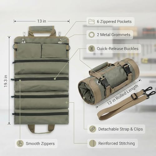 Heavy‑Duty Hanging Tool Bag, 6 Zipper Pockets, Hang‑Open Pegboard Wall Organizer, Hand Tool Storage Pouch for Garage Workshop DIY Home Repairs