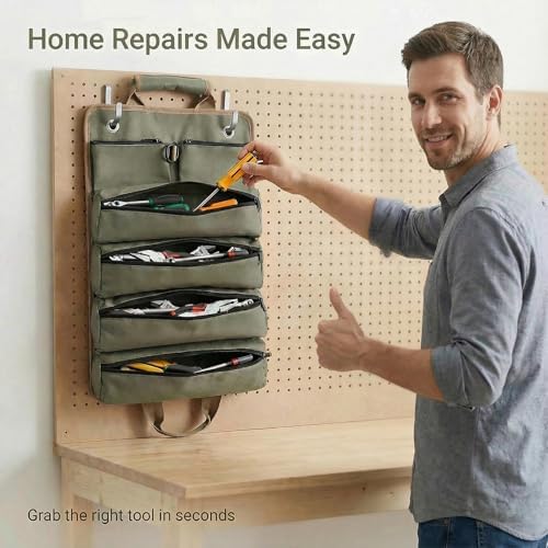 Heavy‑Duty Hanging Tool Bag, 6 Zipper Pockets, Hang‑Open Pegboard Wall Organizer, Hand Tool Storage Pouch for Garage Workshop DIY Home Repairs