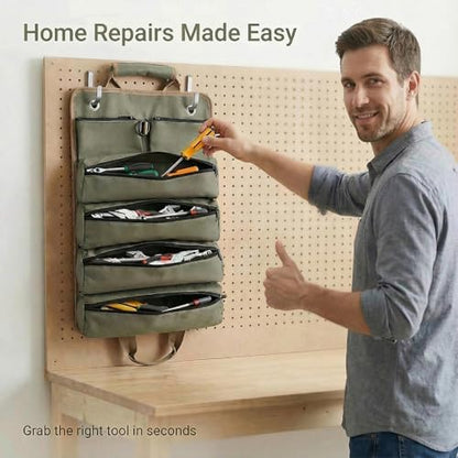 Heavy‑Duty Hanging Tool Bag, 6 Zipper Pockets, Hang‑Open Pegboard Wall Organizer, Hand Tool Storage Pouch for Garage Workshop DIY Home Repairs