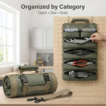 Heavy‑Duty Hanging Tool Bag, 6 Zipper Pockets, Hang‑Open Pegboard Wall Organizer, Hand Tool Storage Pouch for Garage Workshop DIY Home Repairs