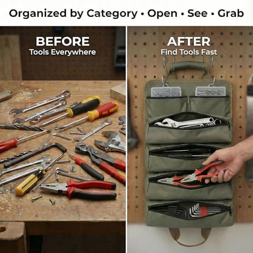 Heavy‑Duty Hanging Tool Bag, 6 Zipper Pockets, Hang‑Open Pegboard Wall Organizer, Hand Tool Storage Pouch for Garage Workshop DIY Home Repairs