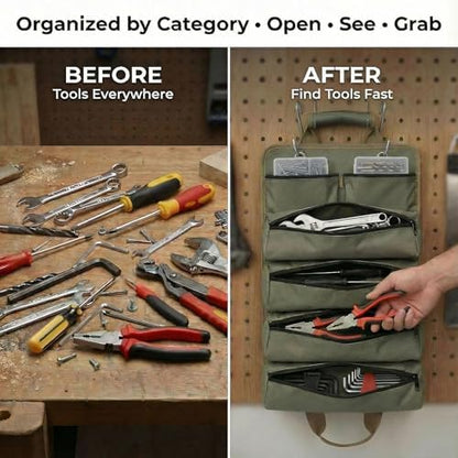 Heavy‑Duty Hanging Tool Bag, 6 Zipper Pockets, Hang‑Open Pegboard Wall Organizer, Hand Tool Storage Pouch for Garage Workshop DIY Home Repairs