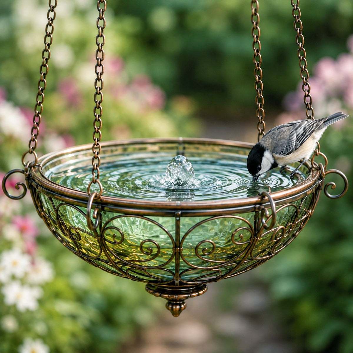 Detailed view of decorative bird water basin