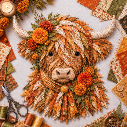 🔥Hot Sale🐮💐🌸 Birth Flower Highland Cow 3D Layered Fabric Art DIY Kit (Beginner-friendly)